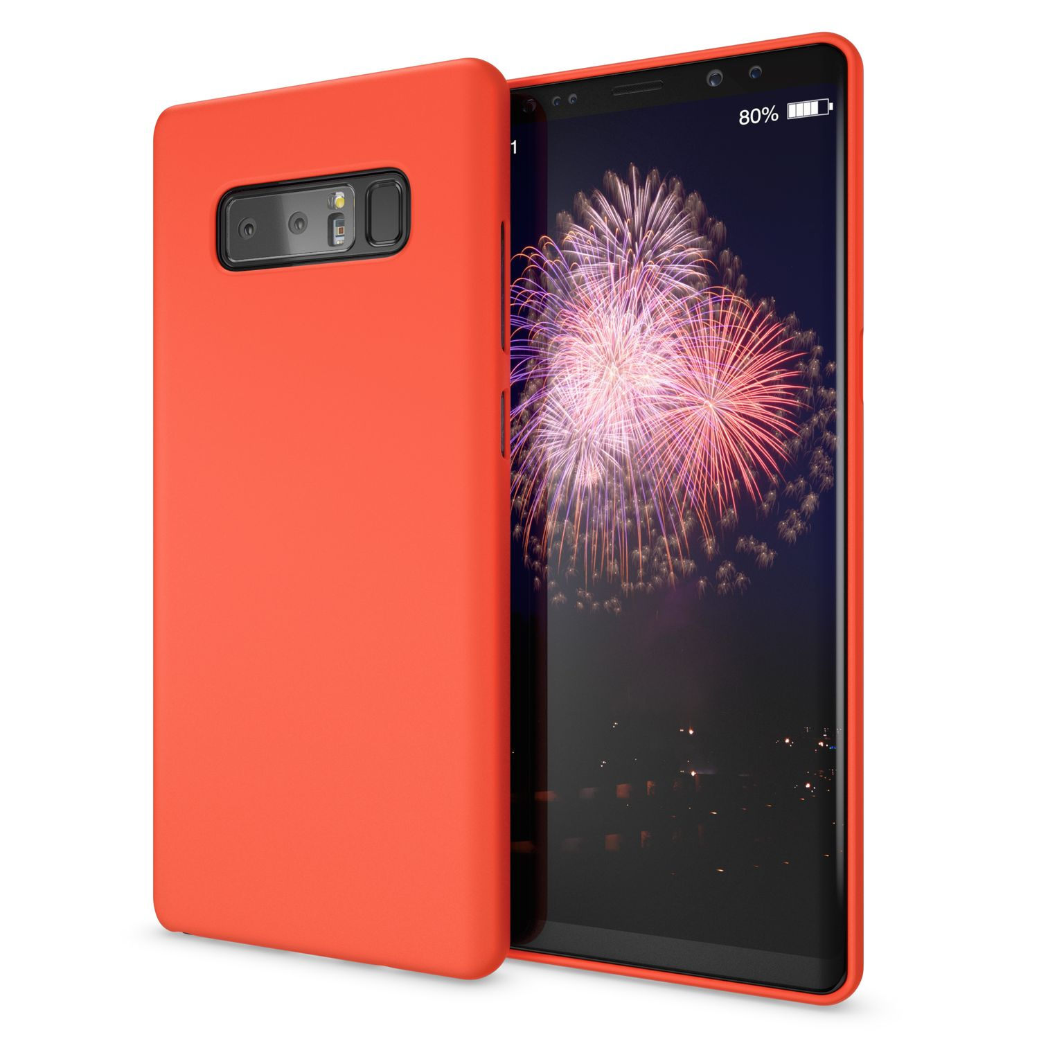 Orangene Handyhülle neben einem Smartphone mit Feuerwerk. Hülle ist einfarbig, Bildschirm zeigt buntes Display.