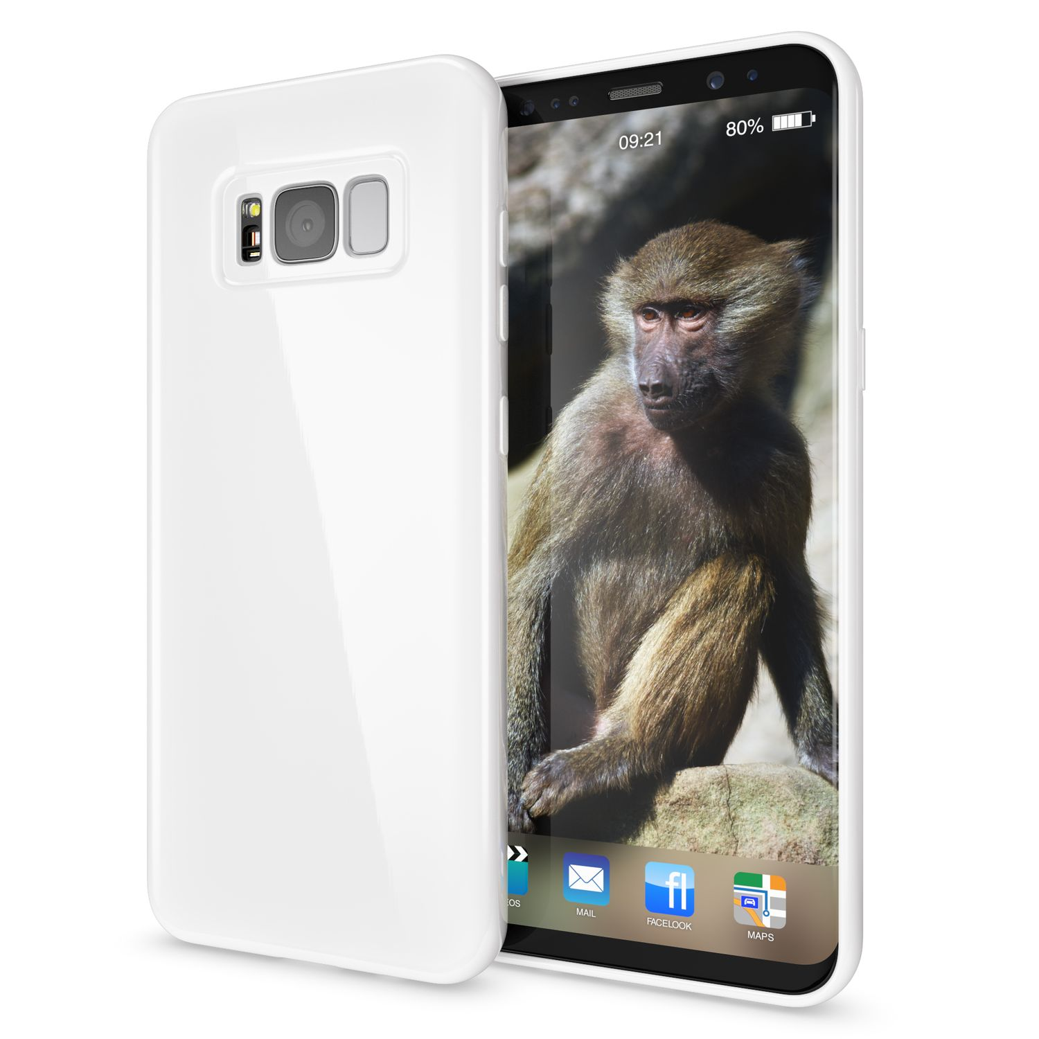 Ein weißes Telefon mit weißer Hülle. Der Telefonbildschirm zeigt einen Affen und Apps.