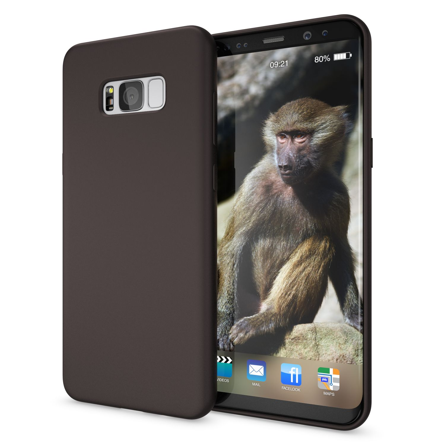Braune Handyhülle auf dem Telefon, Telefon zeigt Pavian auf Felsen.
