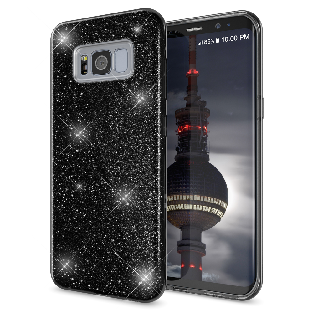 Schwarze Handyhülle mit Glitzer auf einem Telefon, mit Stadt Hintergrund.