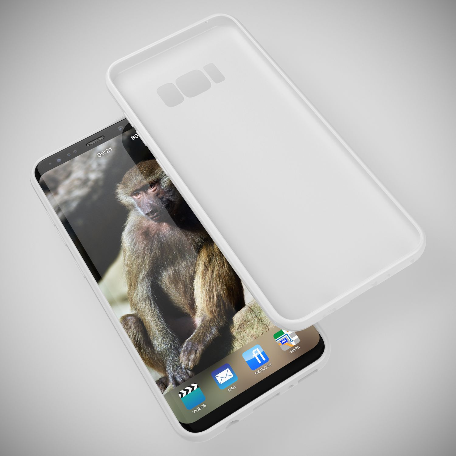 Ein Telefon mit Hülle, das ein Pavianbild auf dem Bildschirm zeigt. Die Hülle ist weiß.