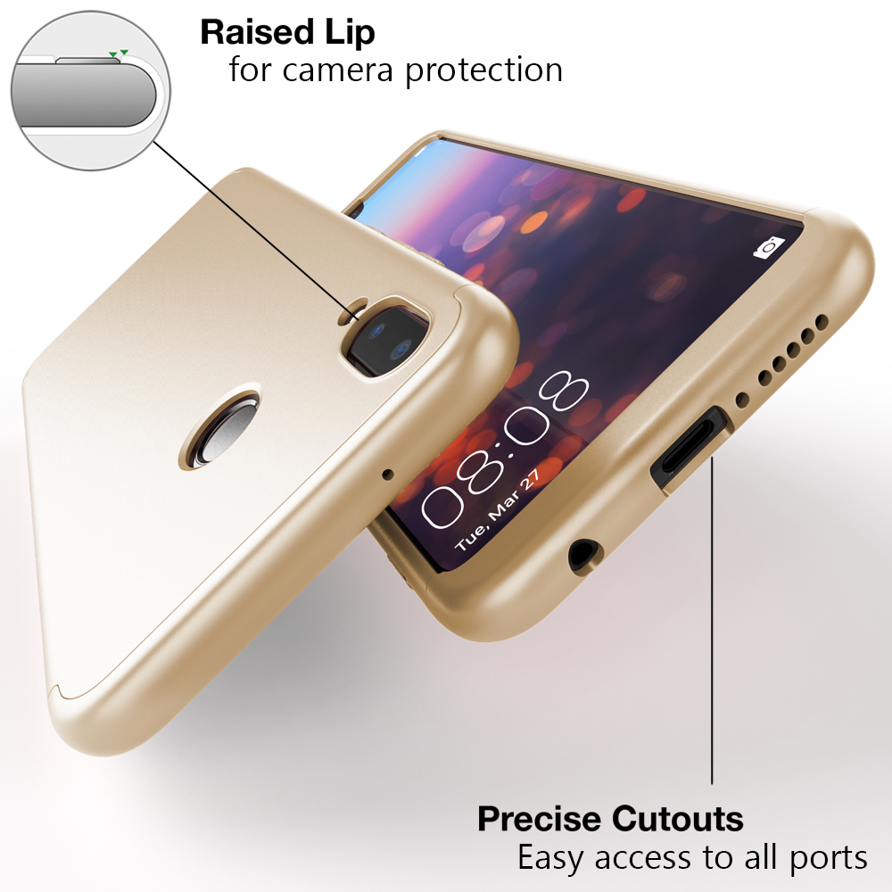 Handyhülle mit Telefon. Die Hülle ist goldfarben. Das Telefon zeigt die Uhrzeit. Etiketten heben den Kameraschutz hervor.
