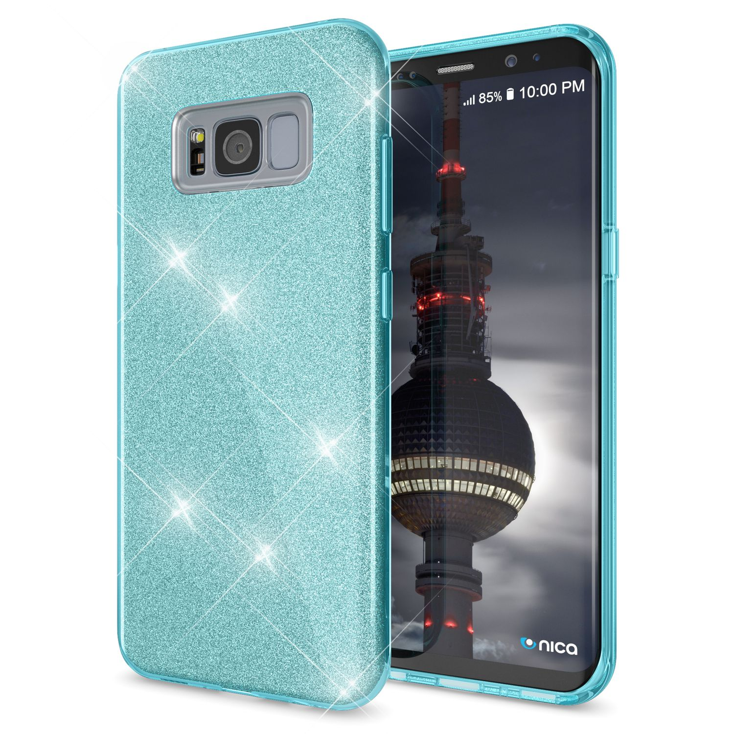 Türkisglitzer-Handyhülle auf einem Telefon. Die Hülle ist glänzend, der Bildschirm ist sichtbar, mit Stadtblick.