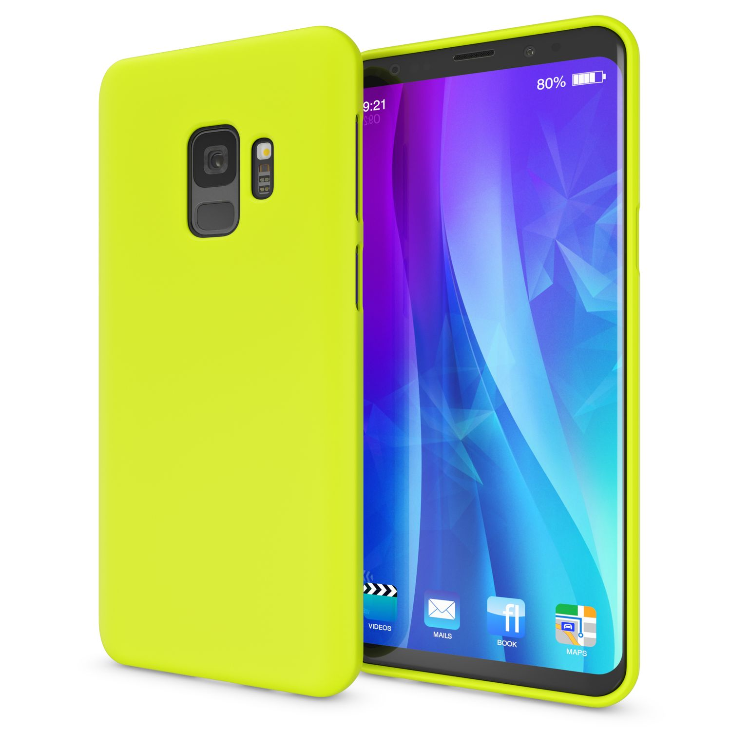 Eine gelbe Smartphone-Hülle mit einem Telefon, das einen bunten Bildschirm zeigt.