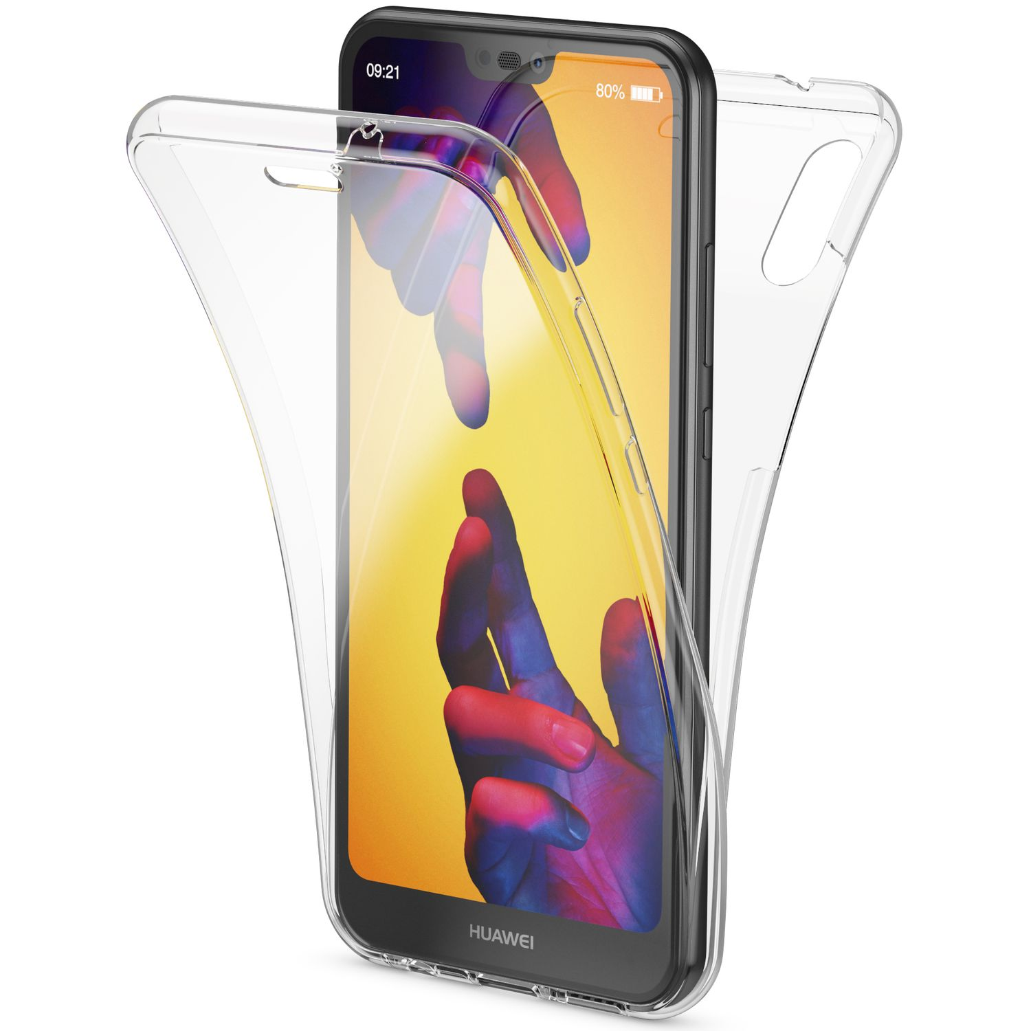 Transparente Handyhülle, die ein Smartphone schützt, das einen Bildschirm zeigt.