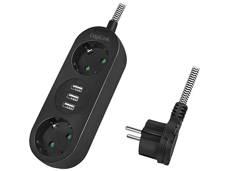 LOGILINK Steckdosenleiste, 2-fach + Steckdosenleisten, USB-Anschluss schwarz 3x USB