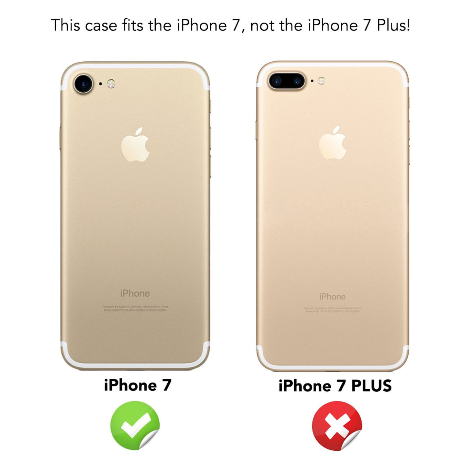 Goldenes iPhone 7 und 7 Plus nebeneinander. iPhone 7 mit Haken, 7 Plus mit X markiert.