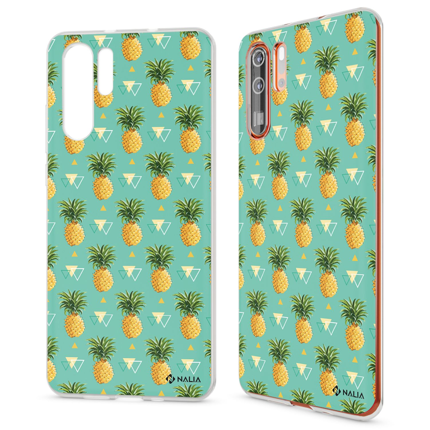 Handyhüllen mit Ananasmuster. Blauer Hintergrund mit gelben Ananas. Der Markenname ist 'NALIA'.
