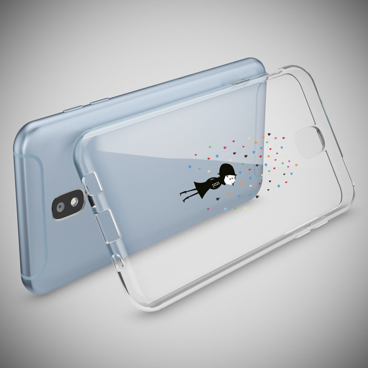 Ein Telefon und eine transparente Hülle mit einem Cartoon-Mädchen und bunten Herzen, die von ihr wegfliegen.