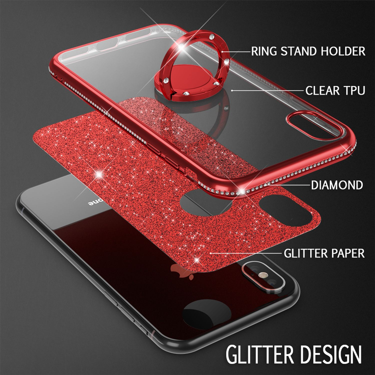 Glitzer iPhone X Backcover, Hülle, iPhone Apple, Silikon verfügbar Nicht NALIA Ring XS,