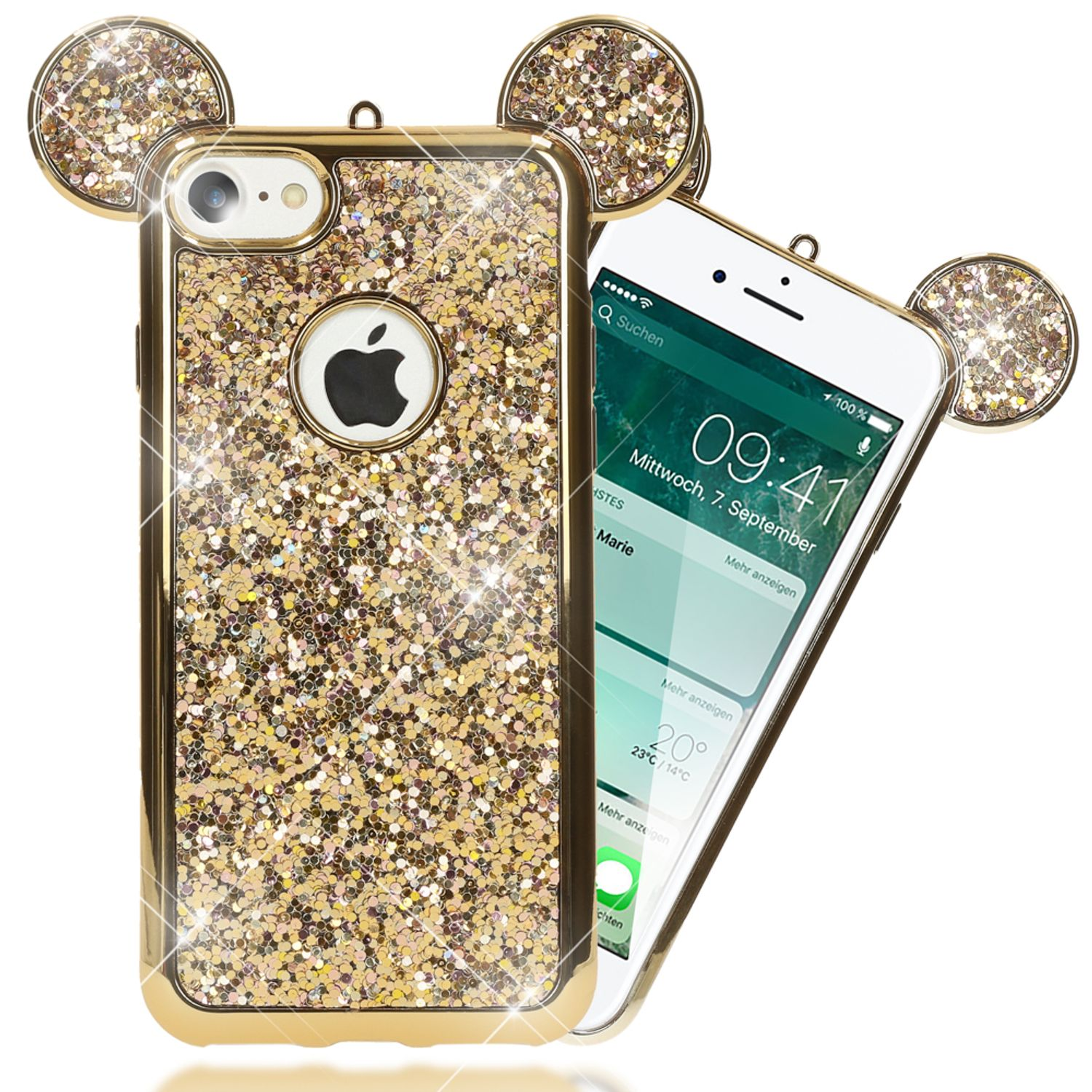 NALIA Glitzer Mouse-Look Silikon Hülle, 7, Apple, Gold iPhone Backcover