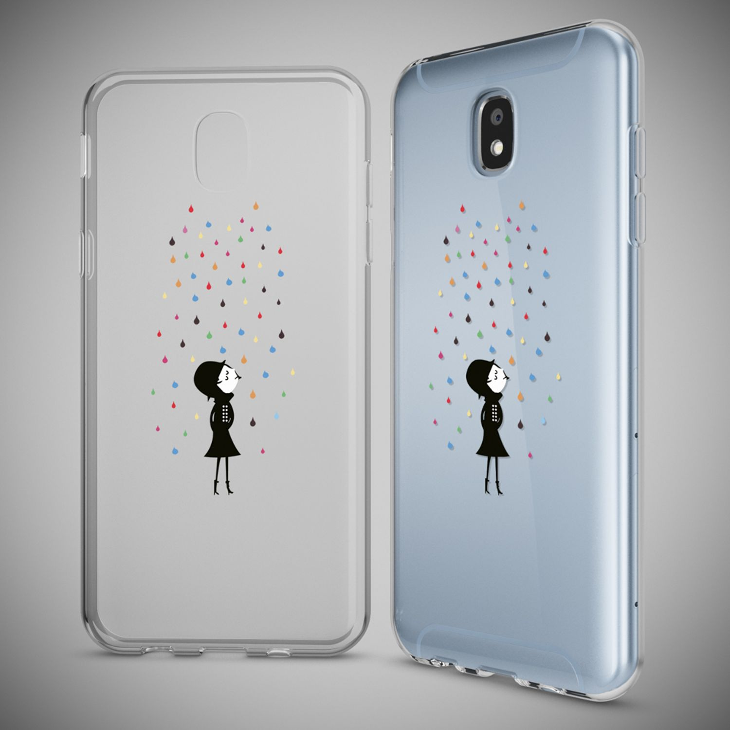 Zwei Handyhüllen. Eine transparente mit einem Mädchen mit bunten Regentropfen, die andere blau.
