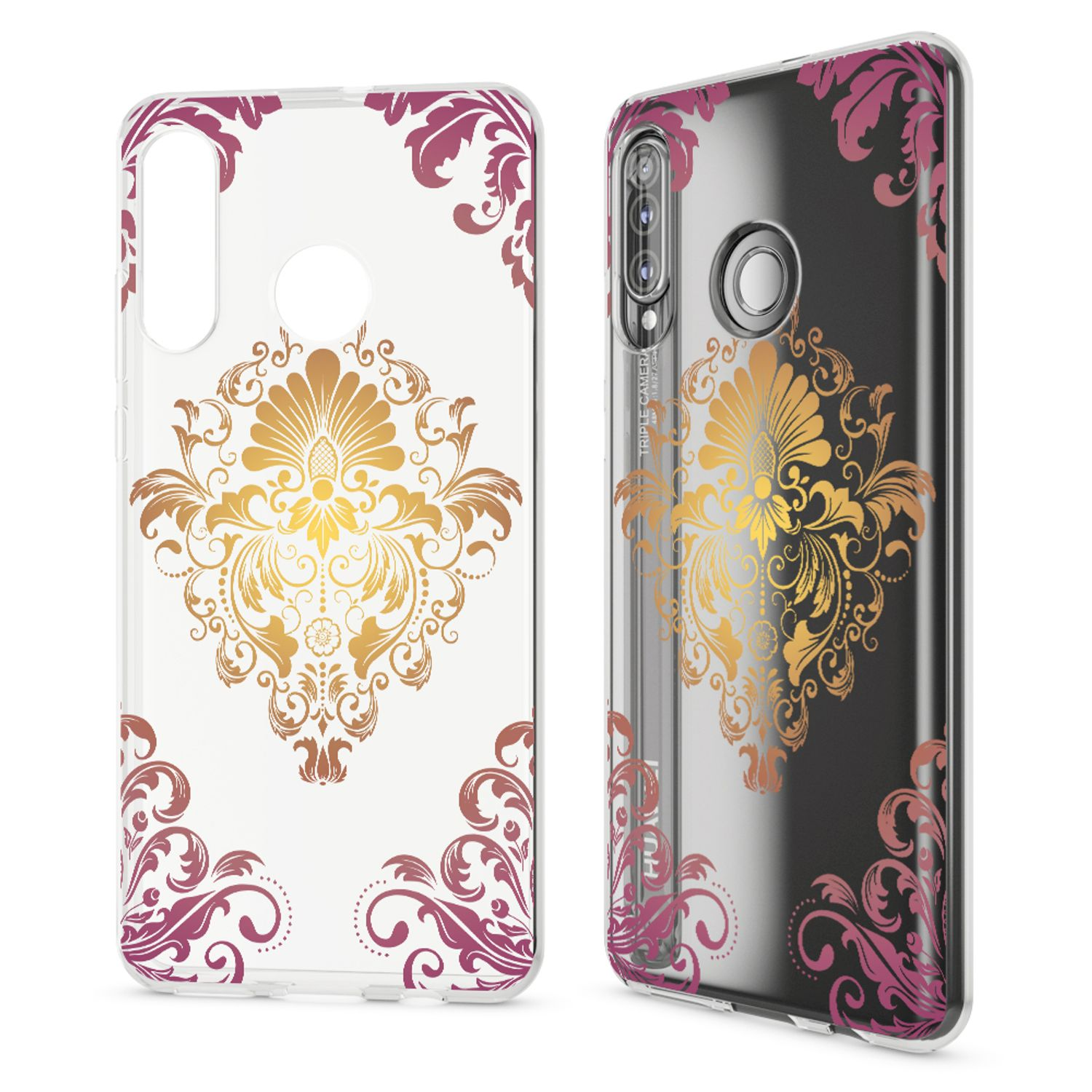 Handyhülle mit goldenem Blumendesign, auf weißem und schwarzem Hintergrund.