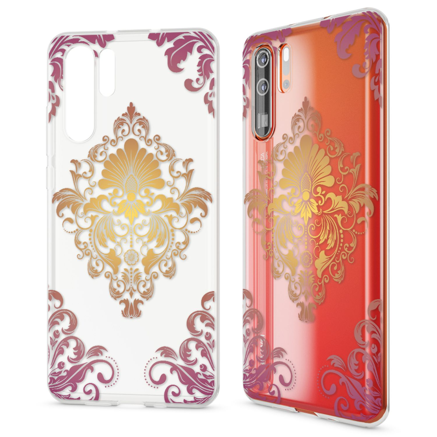 Deux coques de téléphone, une blanche et une orange, avec des motifs dorés et violets ornés.