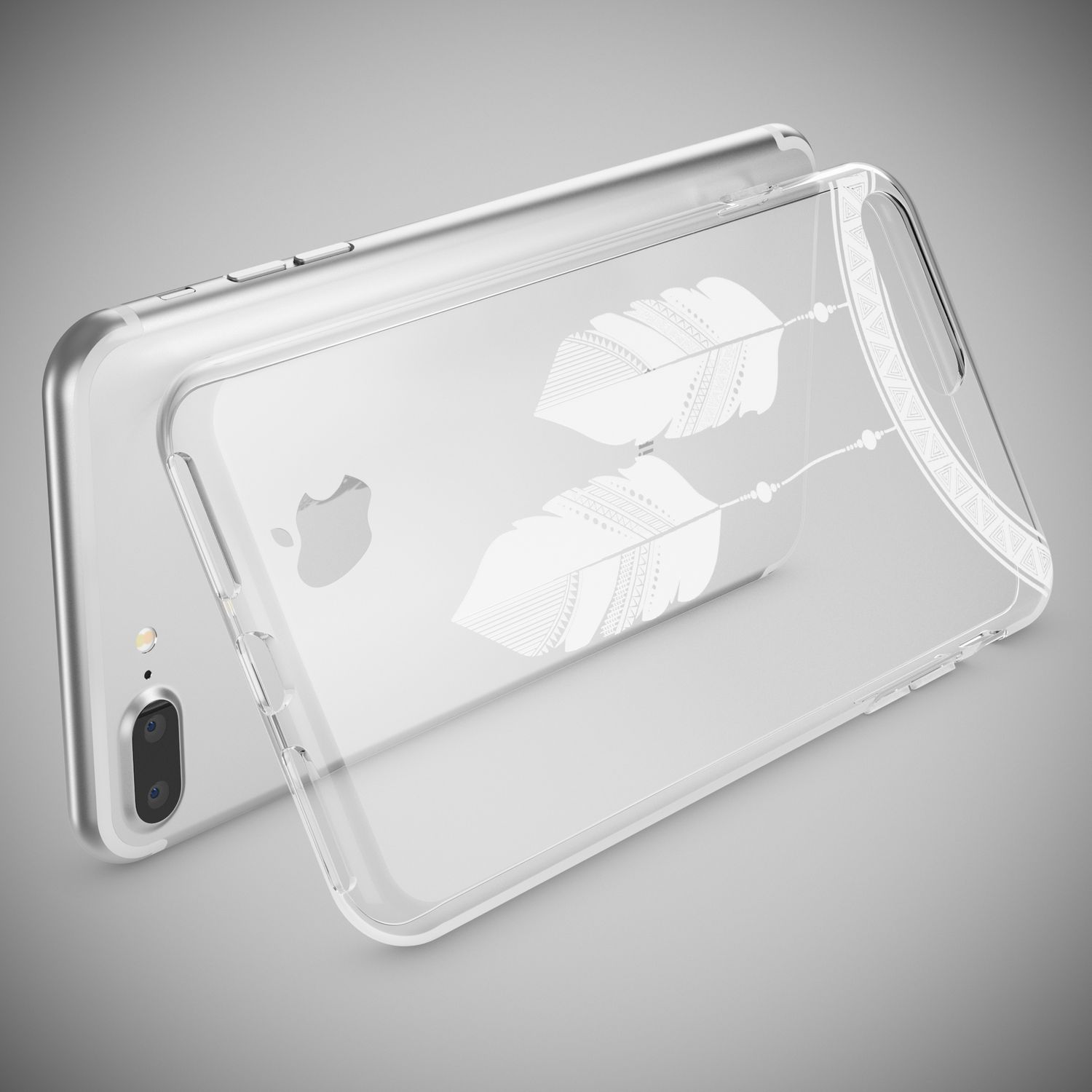 Transparente Handyhülle mit Federdesign und Telefon. Weißer Hintergrund.
