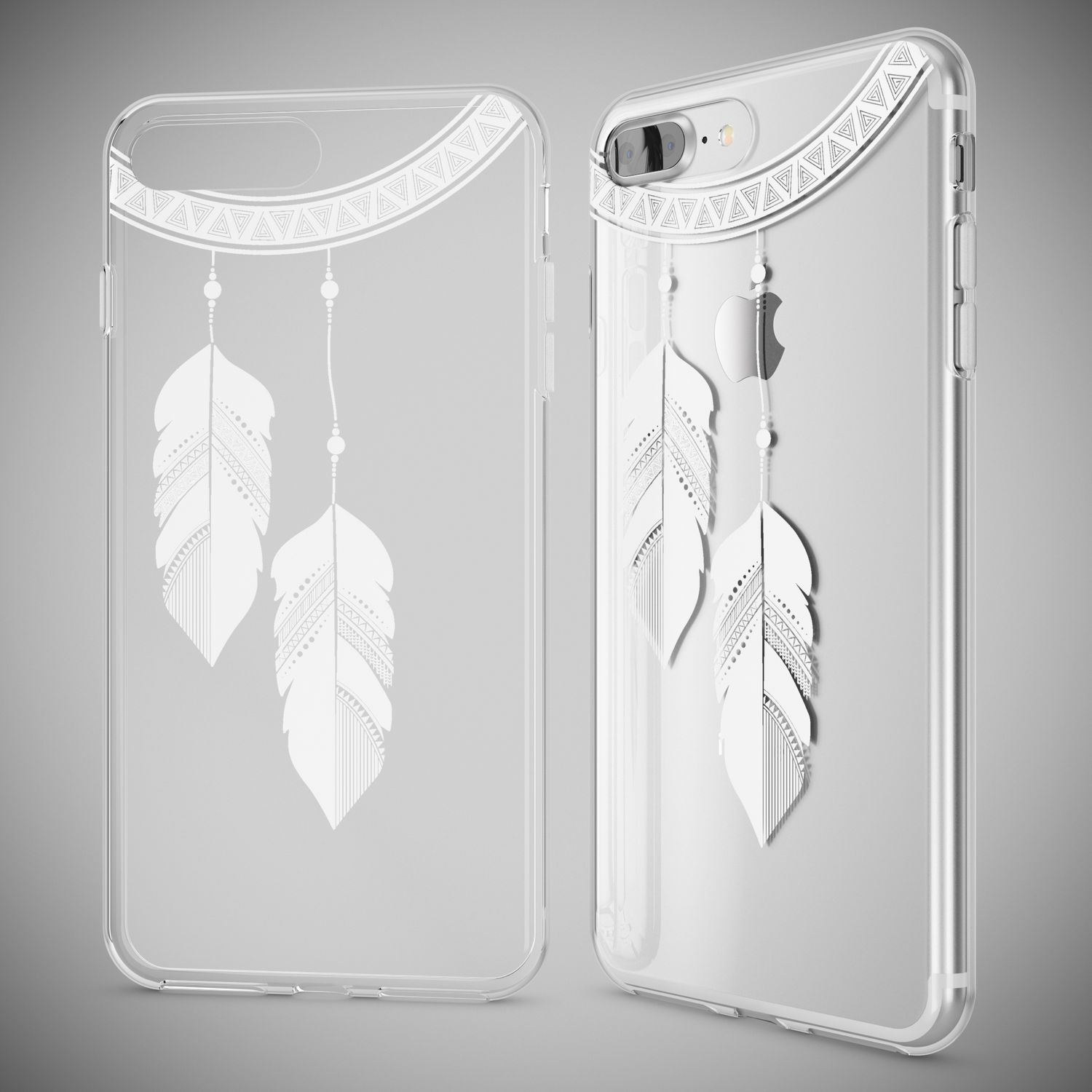 Transparente Handyhülle mit weißem Federdesign und dekorativen Elementen. Das Telefon ist innen sichtbar.