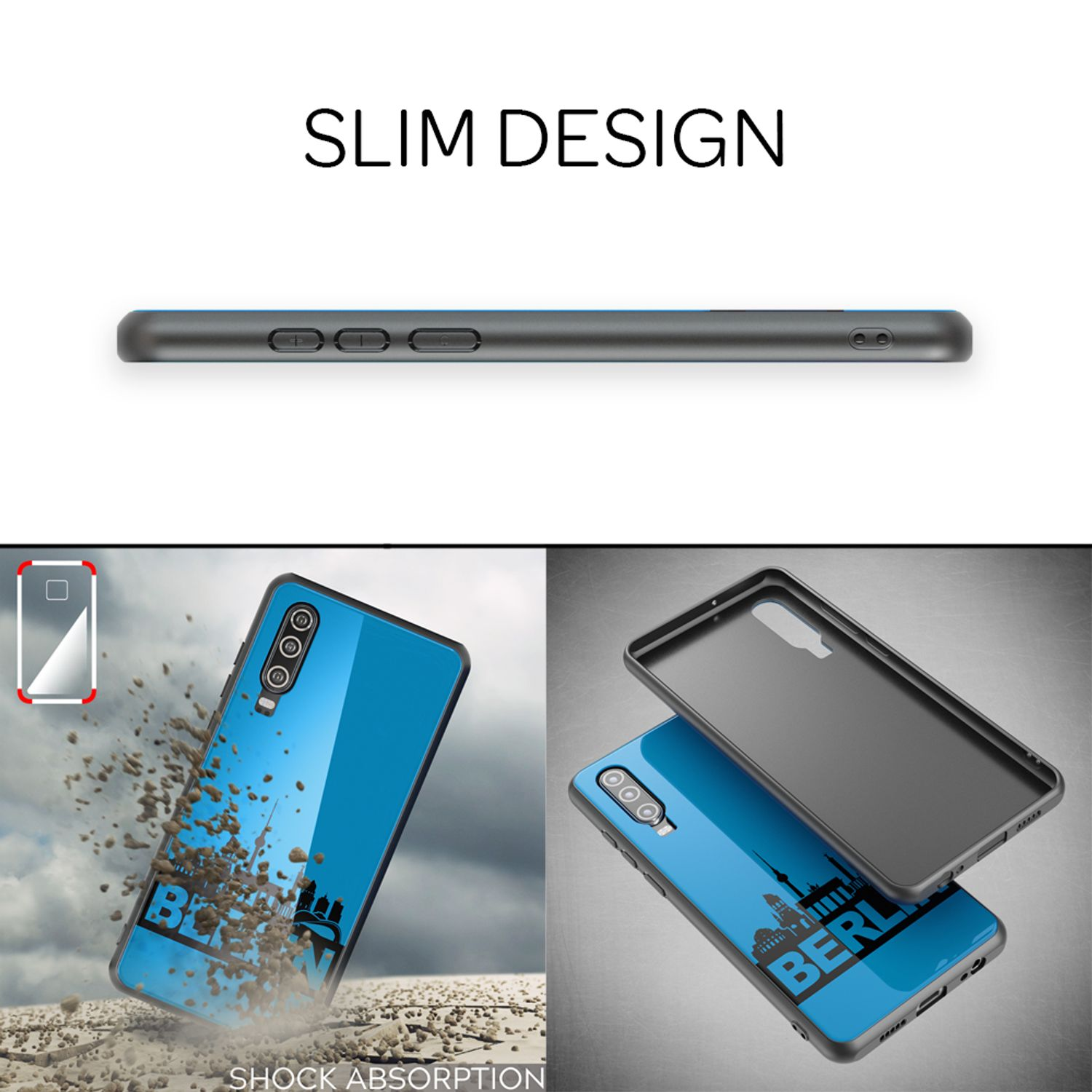 Seitenansicht einer Handyhülle mit Knöpfen und zwei Bildern mit Berlin-Design und Stoßdämpfung, mit Text.
