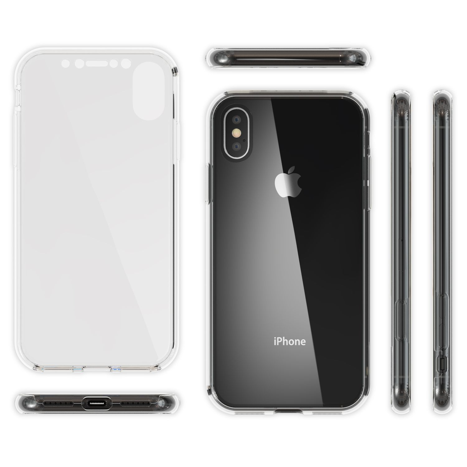 Telefon mit transparenter Hülle, zeigt Vorder-, Rück- und Seitenansichten.