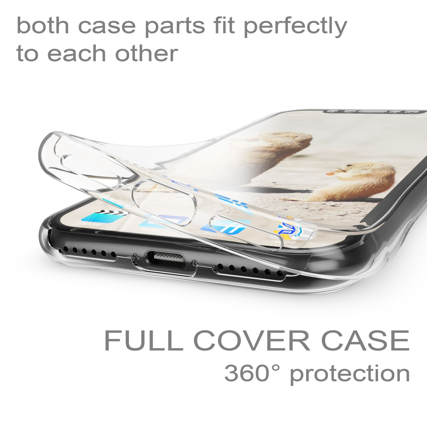 Eine transparente Handyhülle mit einem Telefon darin, mit dem Text 'FULL COVER CASE 360° protection'.