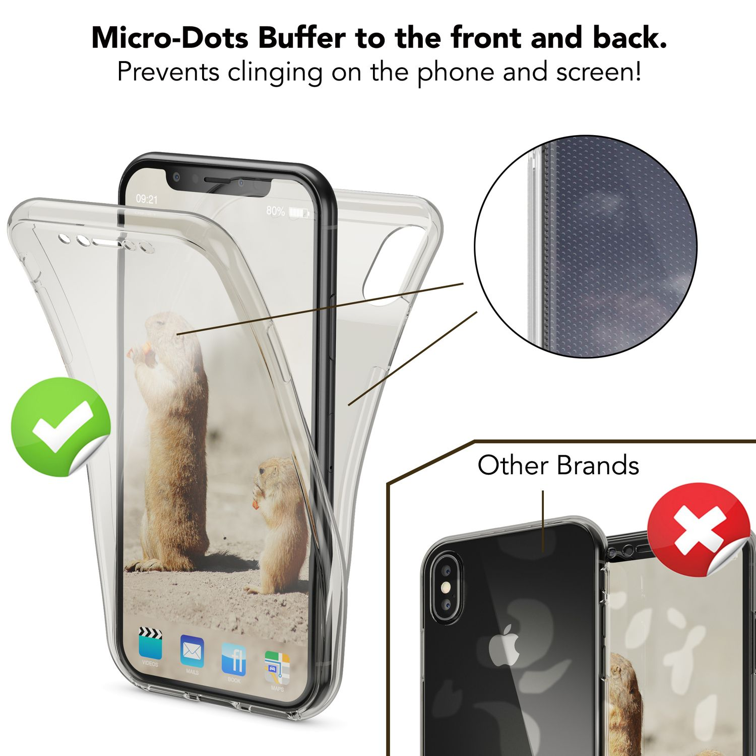Eine transparente Handyhülle mit Micro-Dots, mit einem Telefon darin. Eine Grafik zeigt eine Hülle ohne.