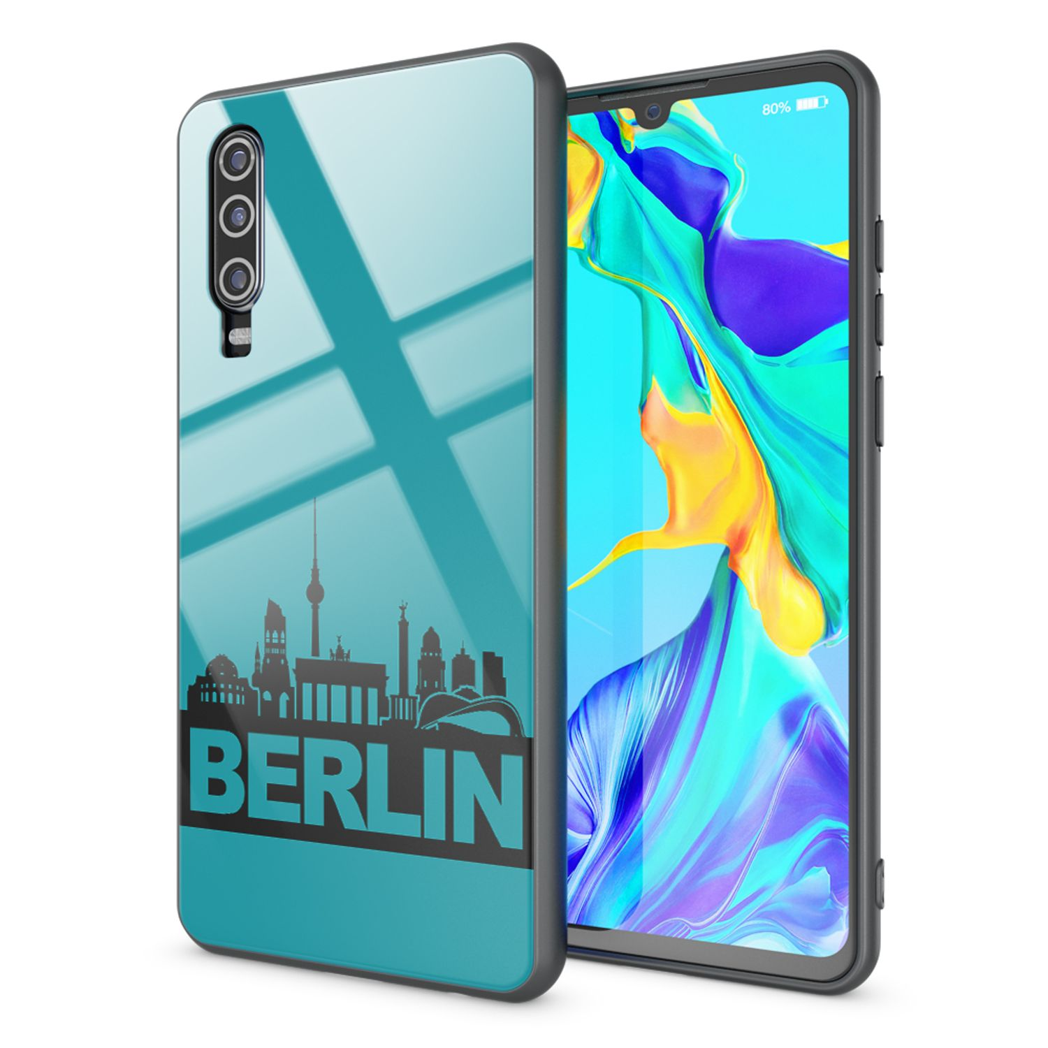 Handyhülle mit Berliner Skyline-Design. Das Telefon ist schwarz, mit einer blau-schwarzen Berlin-Grafik.