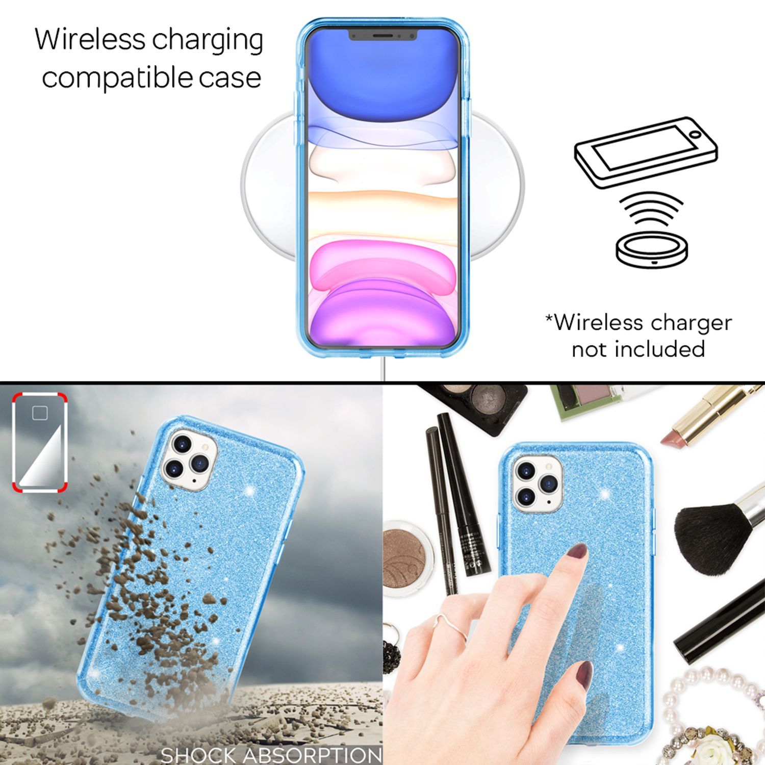 Una funda de teléfono azul claro con un teléfono dentro y accesorios. La funda es compatible con carga inalámbrica.