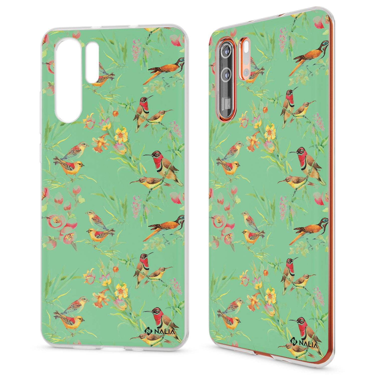 Coques de téléphone avec motifs d'oiseaux, montées sur un téléphone.