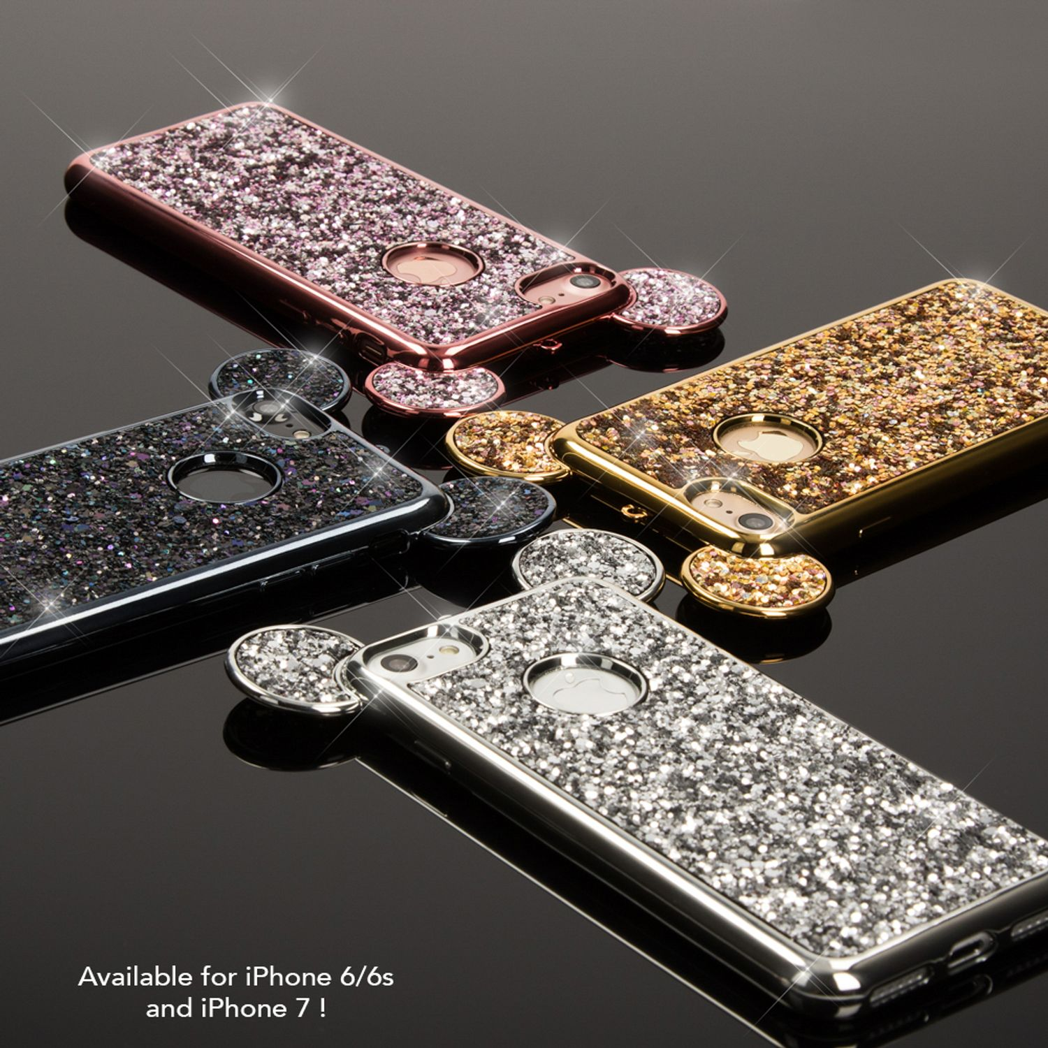 Quattro custodie scintillanti per telefono in diversi colori, con orecchie di Topolino.