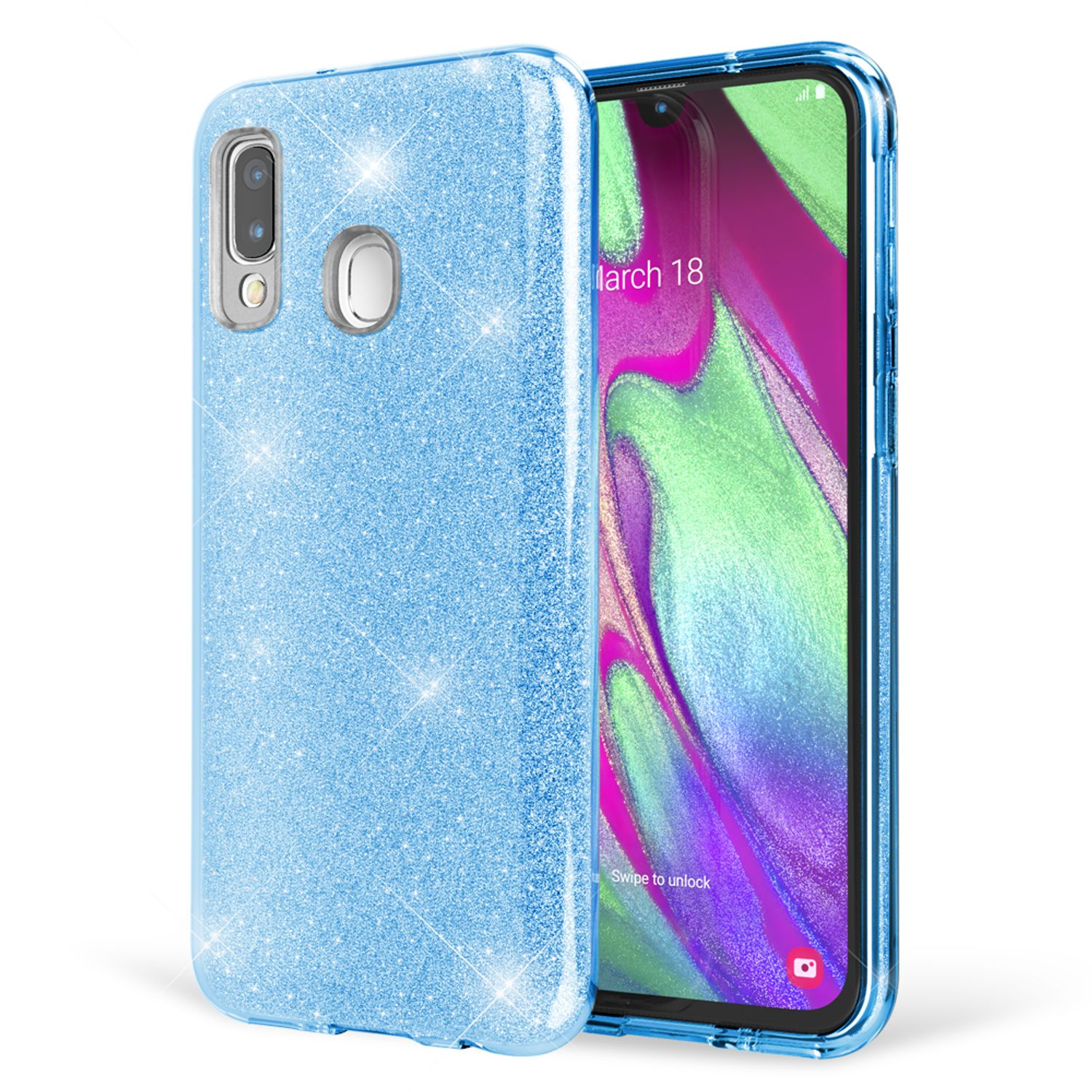 Blaue Glitzer-Handyhülle auf weißem Hintergrund mit einem Handy-Bildschirm.