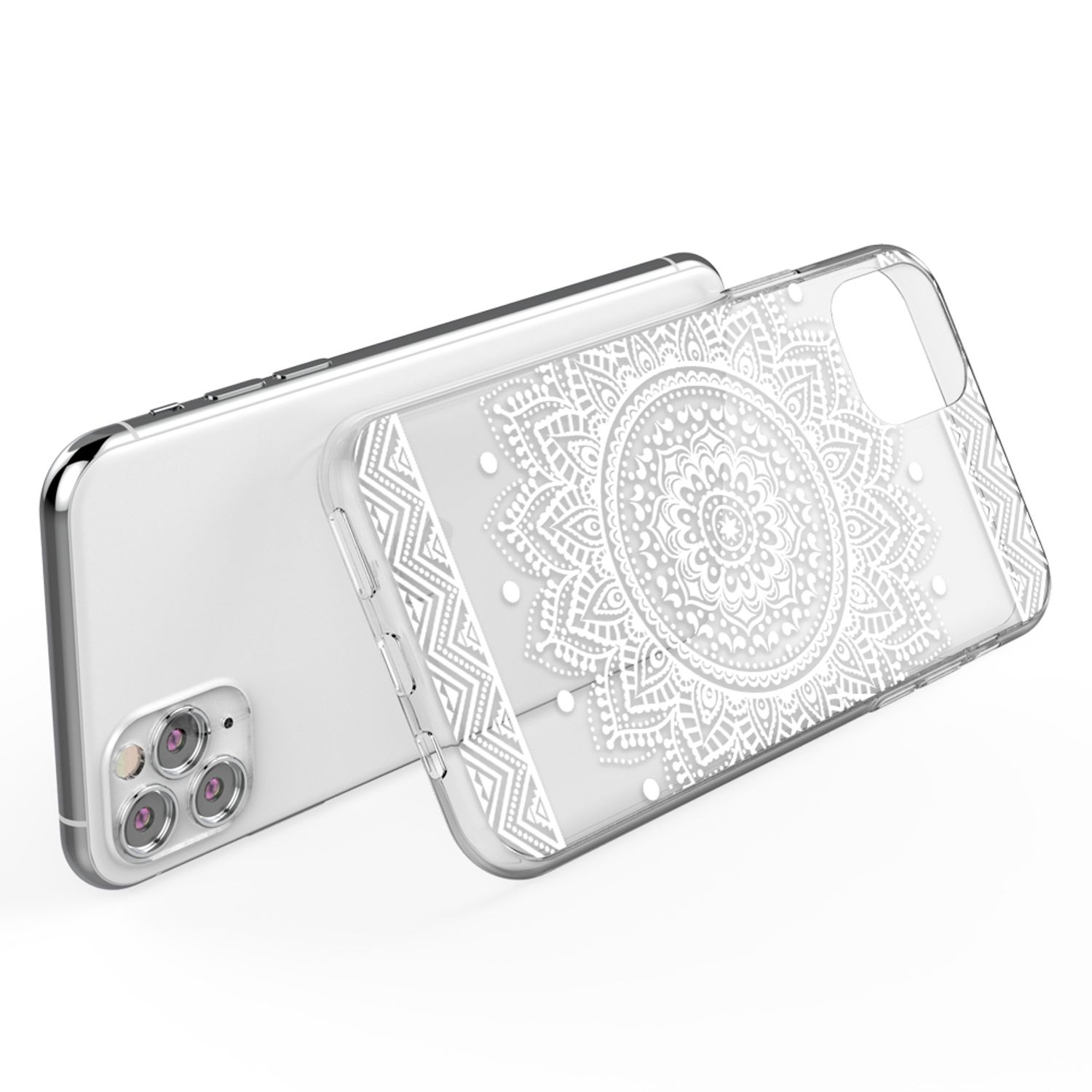Transparente Handyhülle mit weißem Mandala-Design, neben einem Telefon.