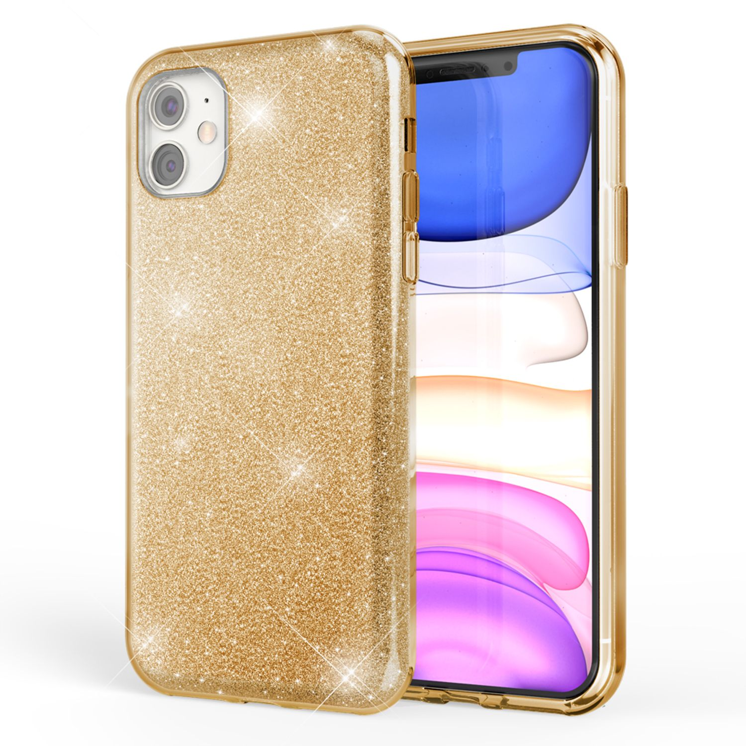 Funda dorada con purpurina en un teléfono que muestra la pantalla.