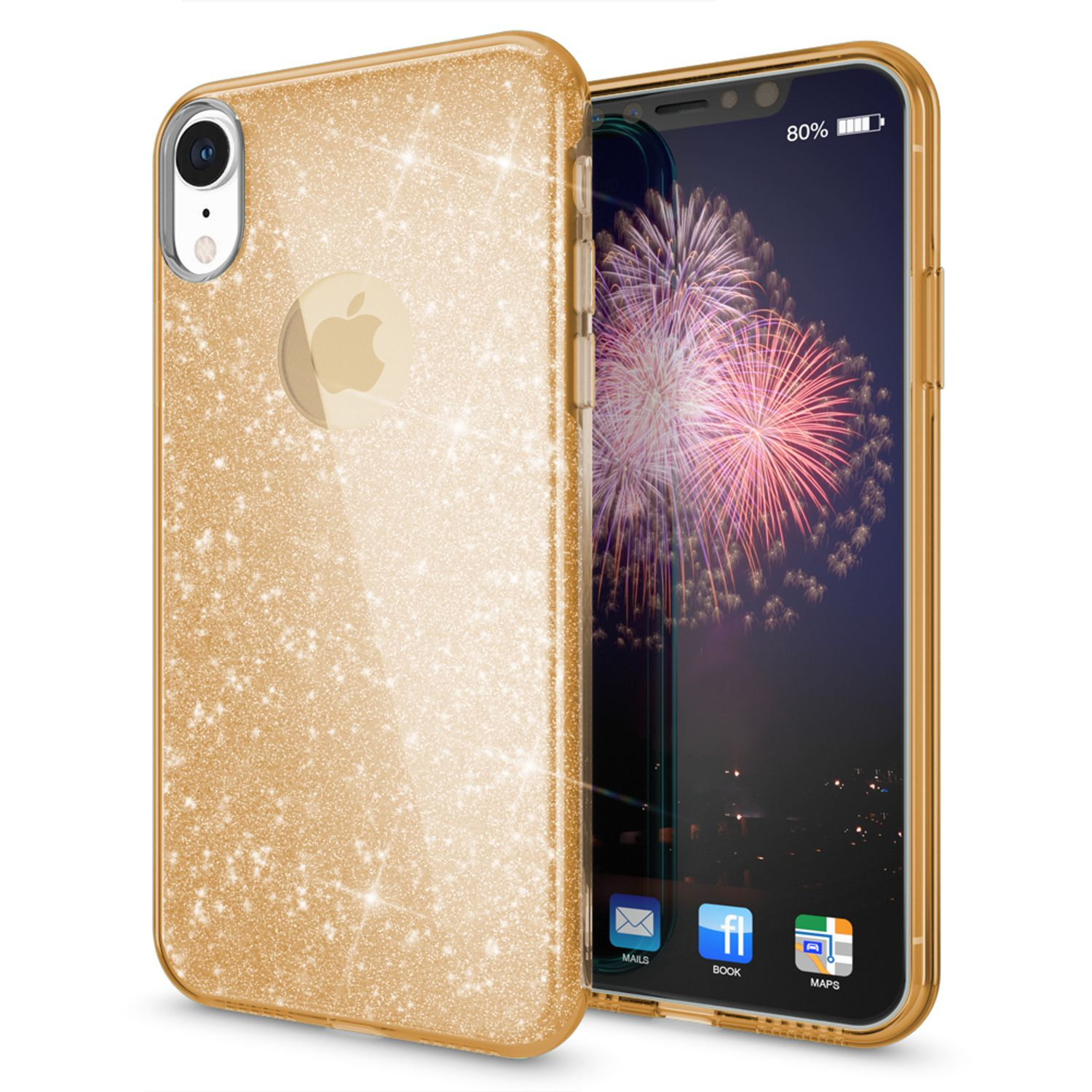 Backcover, Hülle, Gold NALIA iPhone Apple, Glitzer XR,