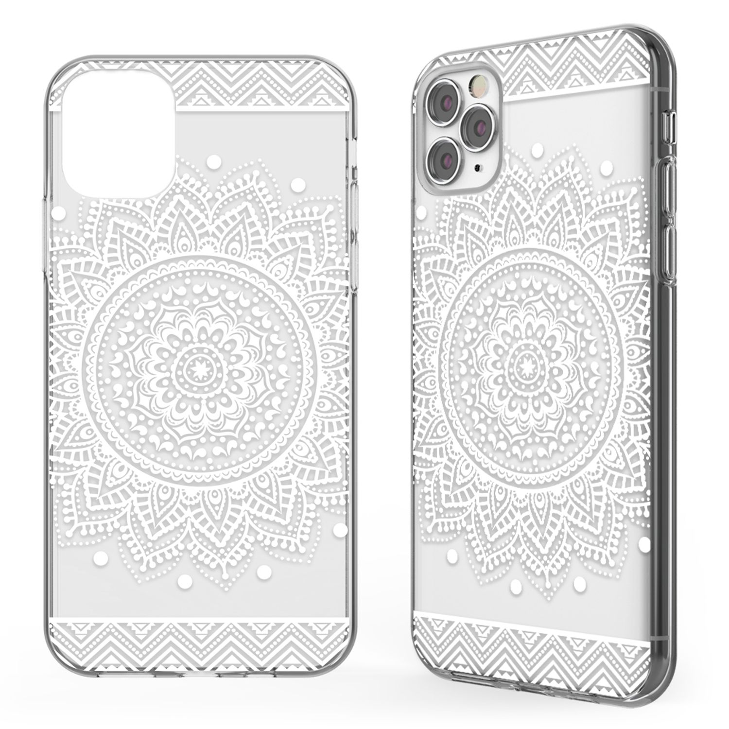 Zwei transparente Handyhüllen mit weißen Mandala-Designs auf weißem Hintergrund.
