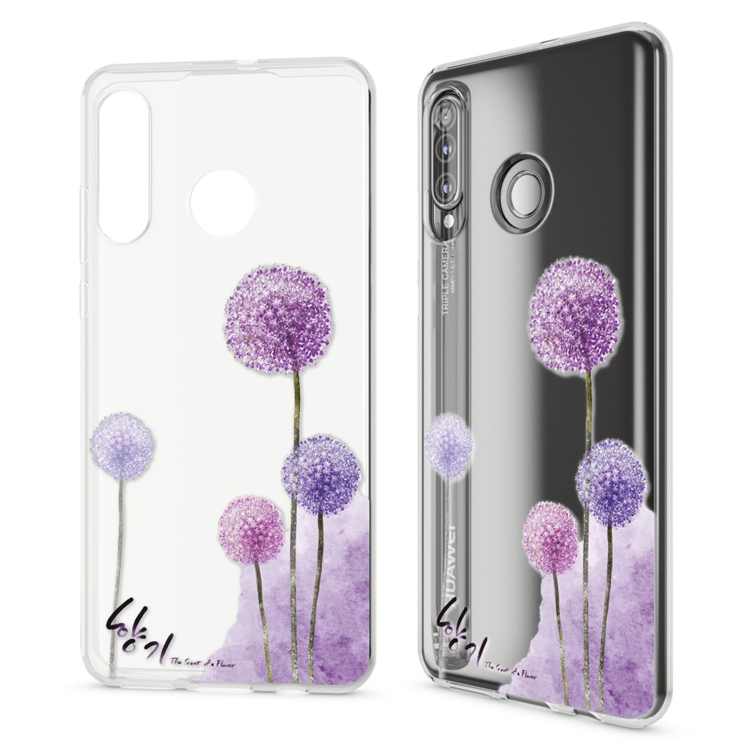 Zwei Handyhüllen mit lila Blumendesign. Weißer Hintergrund.