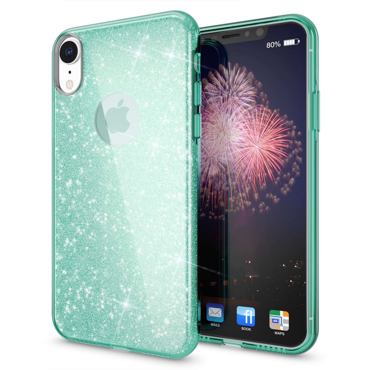 Eine transparente Handyhülle mit einem glitzernden grünen Design, die ein Telefon mit Feuerwerk zeigt.