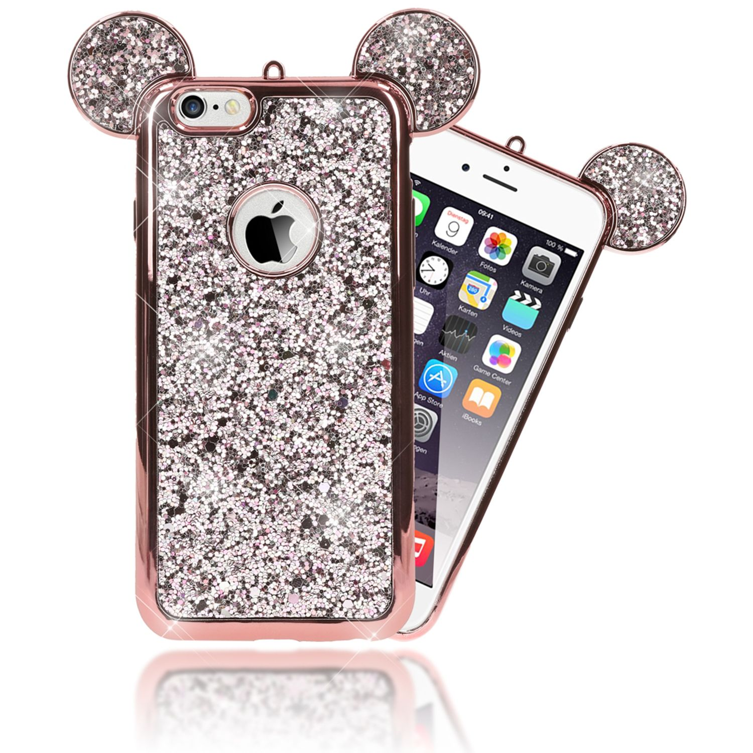 Custodia per telefono con orecchie di Topolino. Il telefono all'interno ha un design glitterato. Il telefono è angolato.