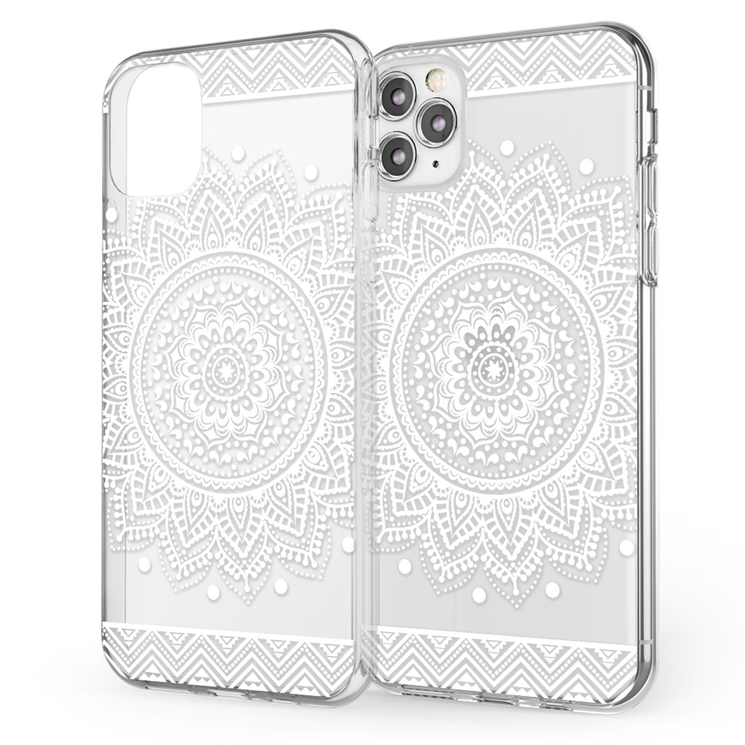 Transparente Handyhülle mit weißem Mandala-Design.