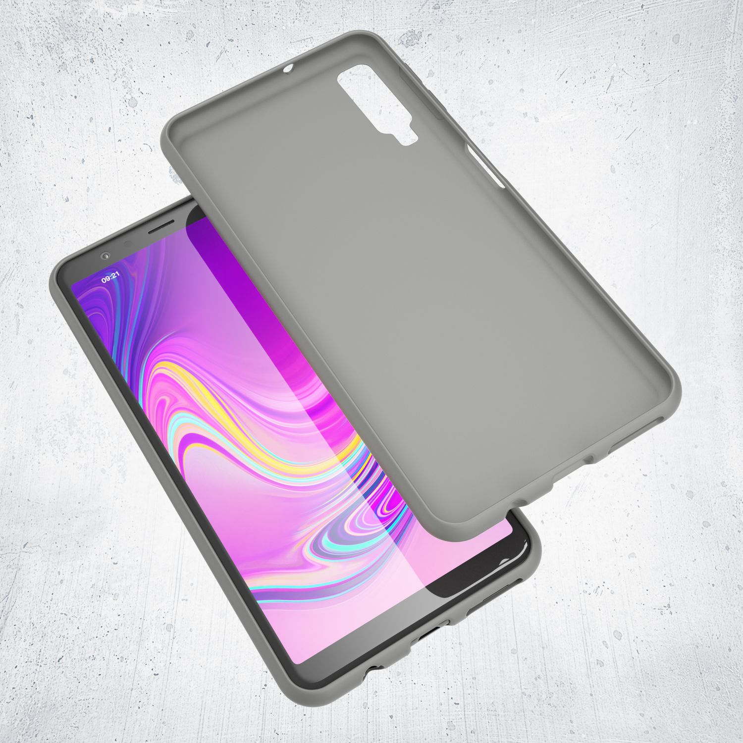 Graue Handyhülle mit Telefon darin; zeigt Vorder- und Rückseite der Hülle.