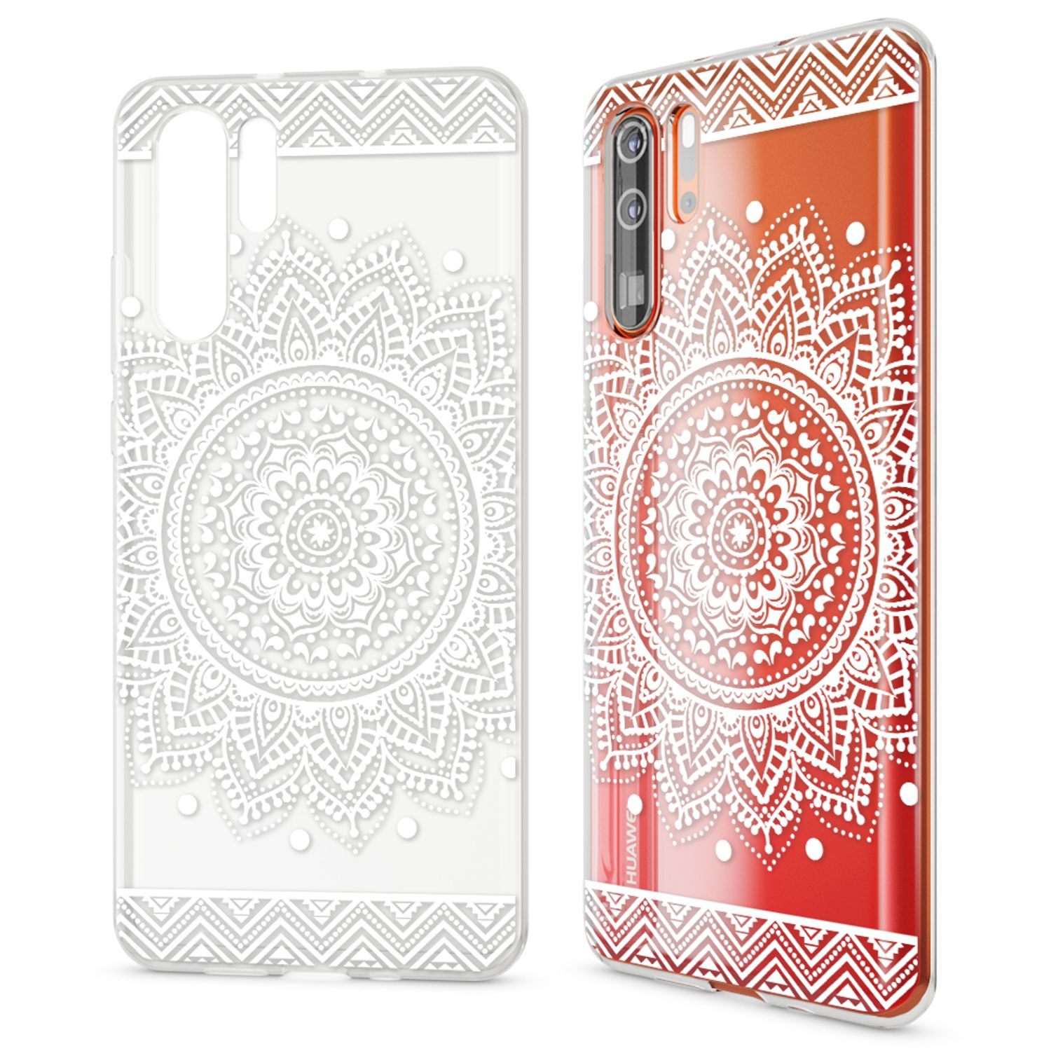 Zwei Handyhüllen. Eine klare mit weißem Mandala-Design. Die andere rot mit weißem Mandala.