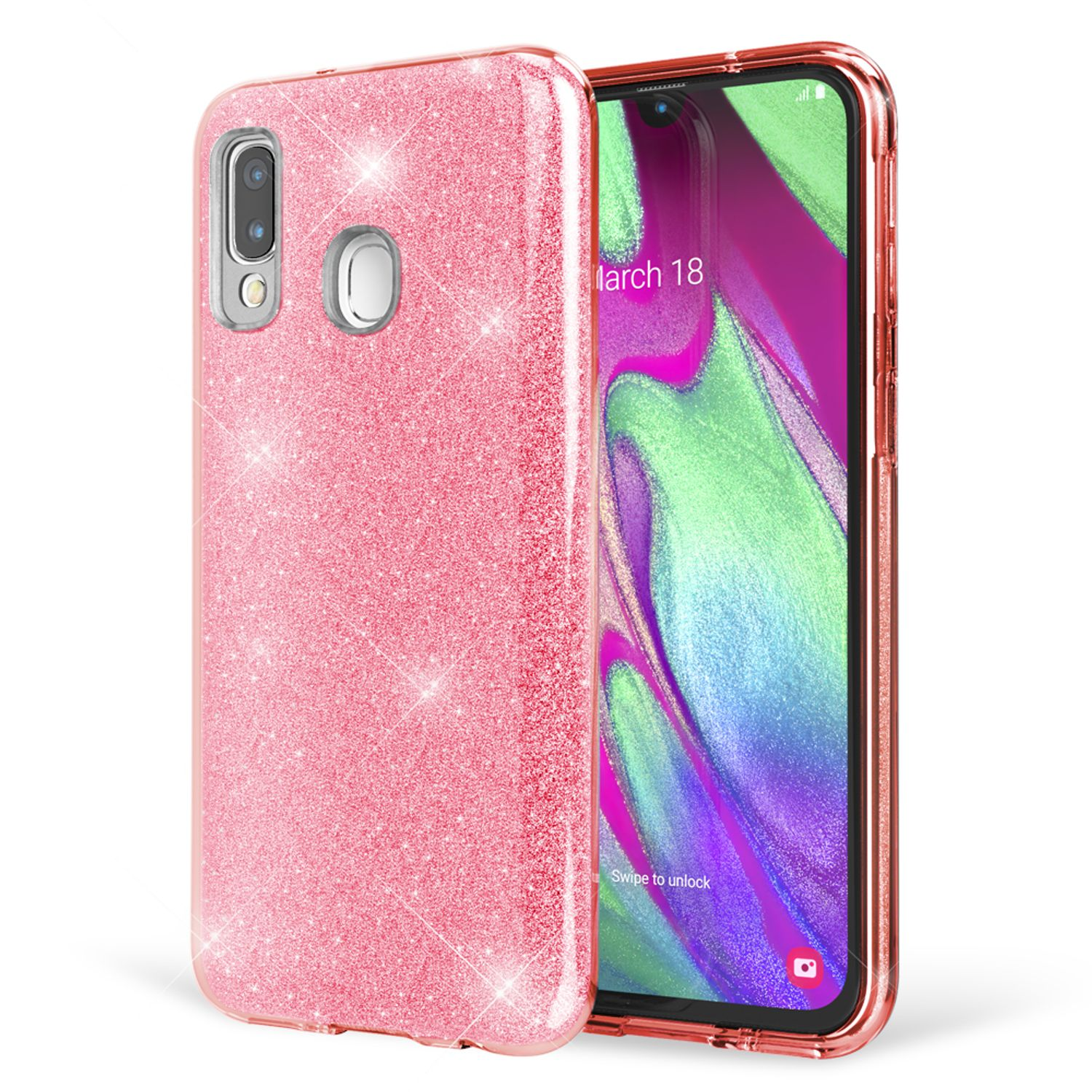 Rosa Glitzer-Handyhülle auf weißem Hintergrund. Der Bildschirm zeigt ein buntes, abstraktes Design.