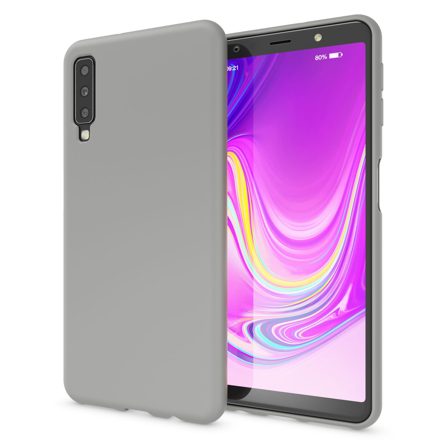 Graue Handyhülle und Telefon. Das Telefon hat einen lila Bildschirm. Die Hülle bedeckt die Rückseite des Telefons.