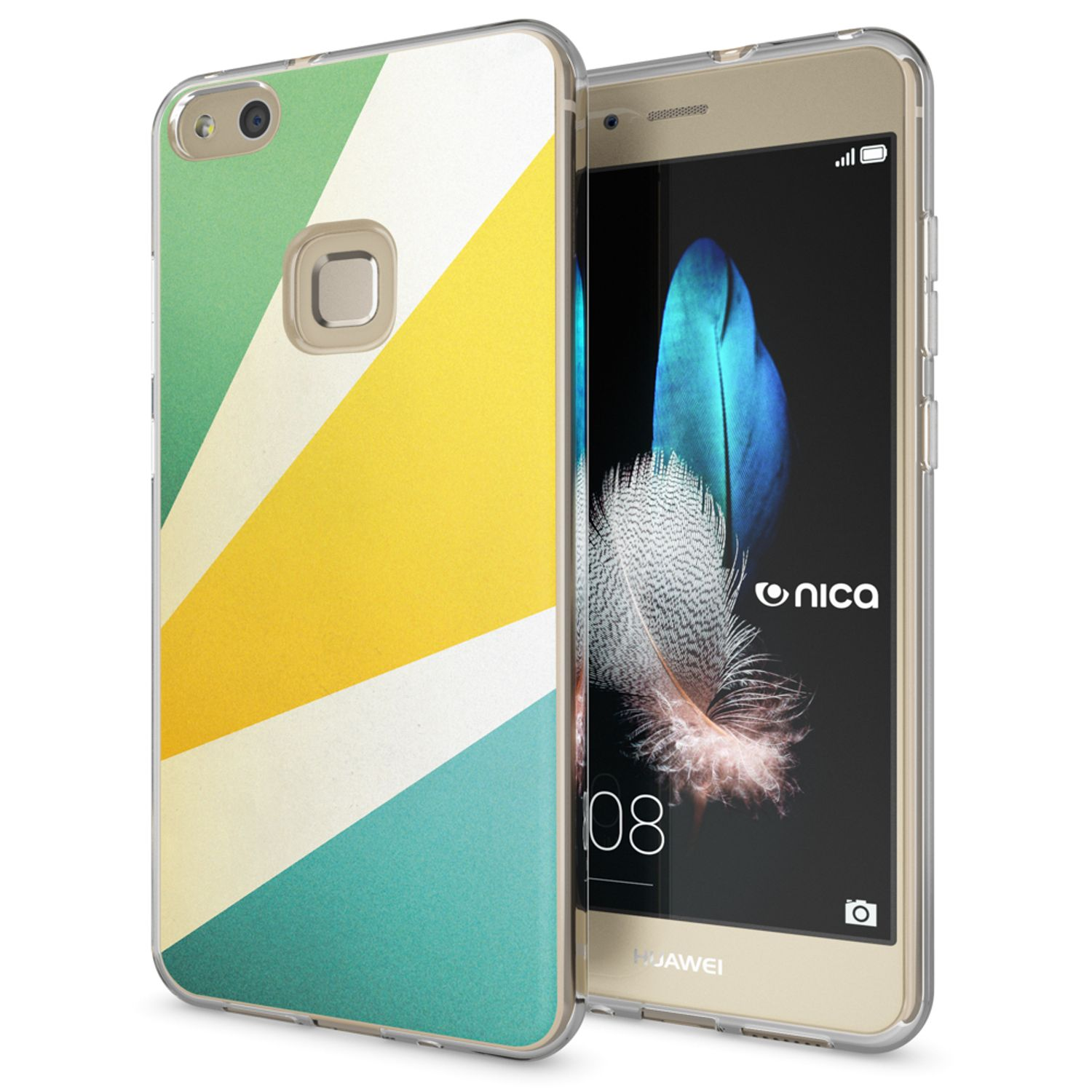 Telefon mit Hülle mit Streifen, und ein Telefon mit Startbildschirm, weißer Hintergrund.