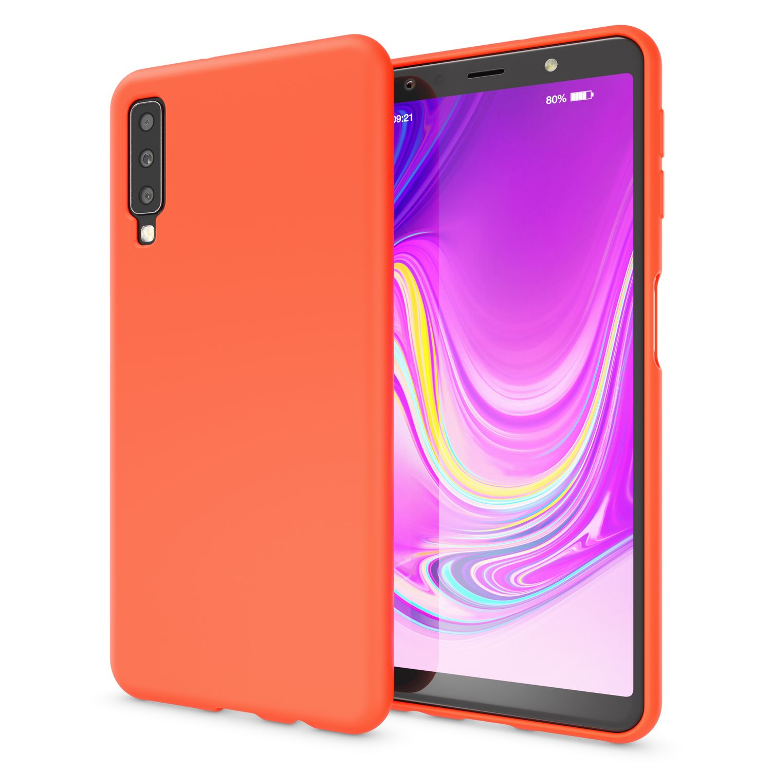 Orangefarbene Handyhülle neben einem schwarzen Telefon mit lila Bildschirm.
