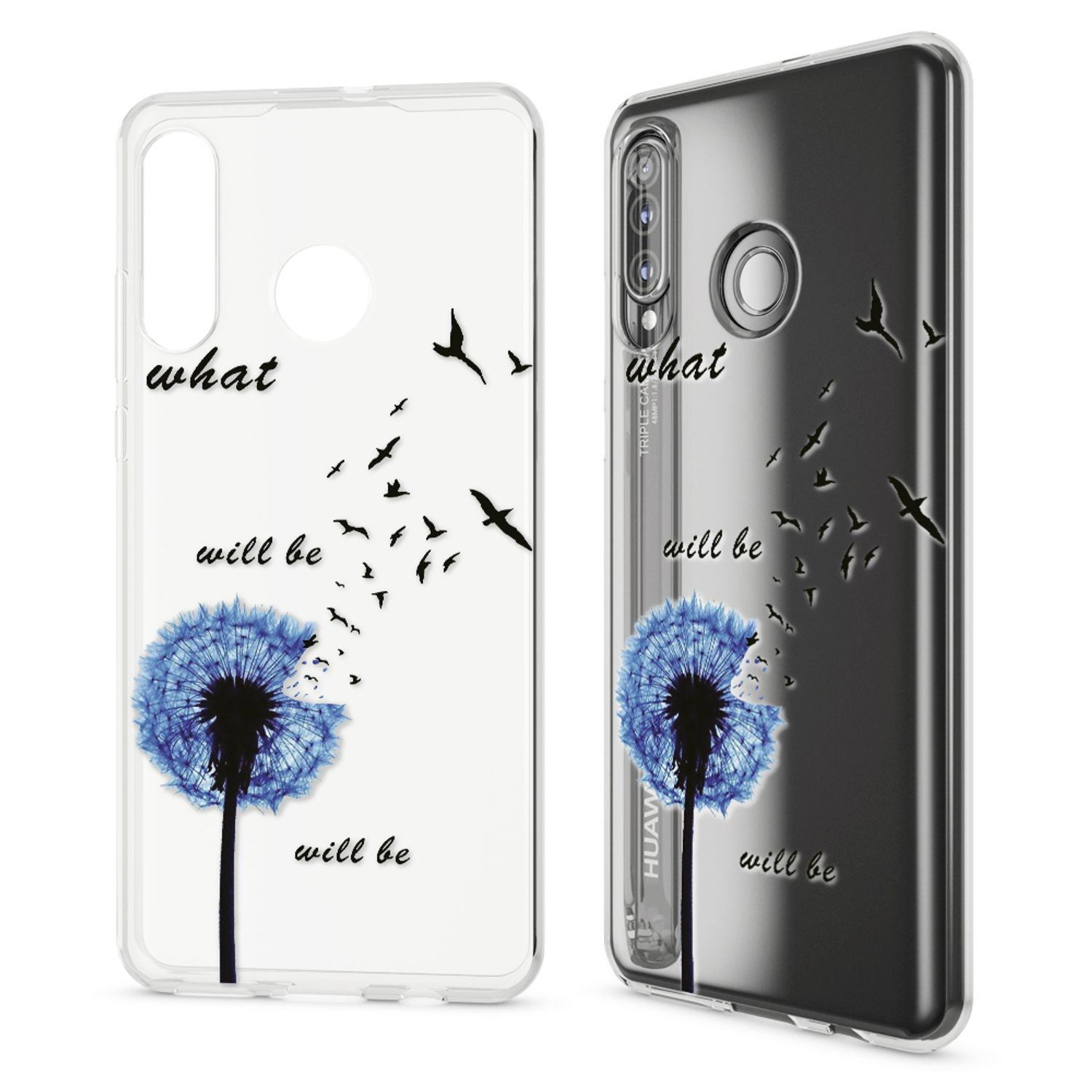 Transparente Handyhülle mit blauem Löwenzahnmotiv und fliegenden Vögeln, mit dem Text 'what will be'.