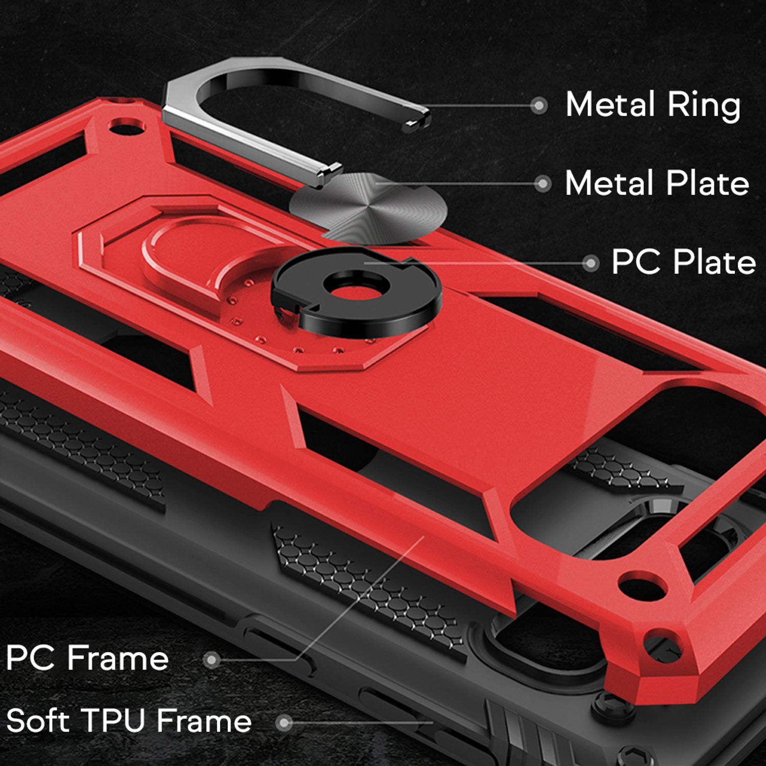 Handyhüllen-Schichten. Metallring, Platte, PC-Platte, PC-Rahmen und weicher TPU-Rahmen. Rote, schwarze und silberne Farben.