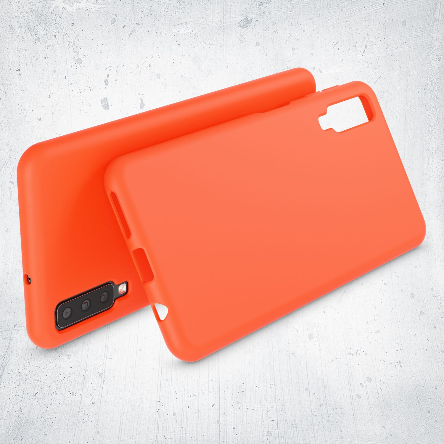 Zwei orangefarbene Handyhüllen auf weißem Hintergrund. Die Rückseite eines Gehäuses zeigt die Kameradetails.