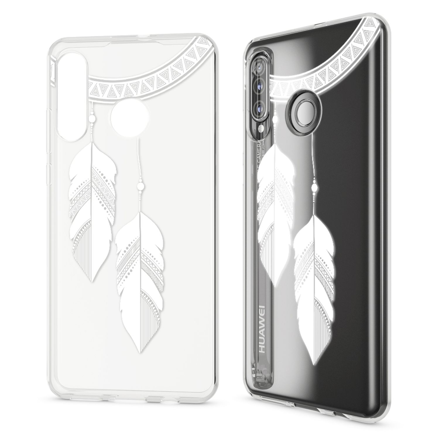 Coque de téléphone transparente avec un motif de plumes blanches. Deux plumes pendent du haut.
