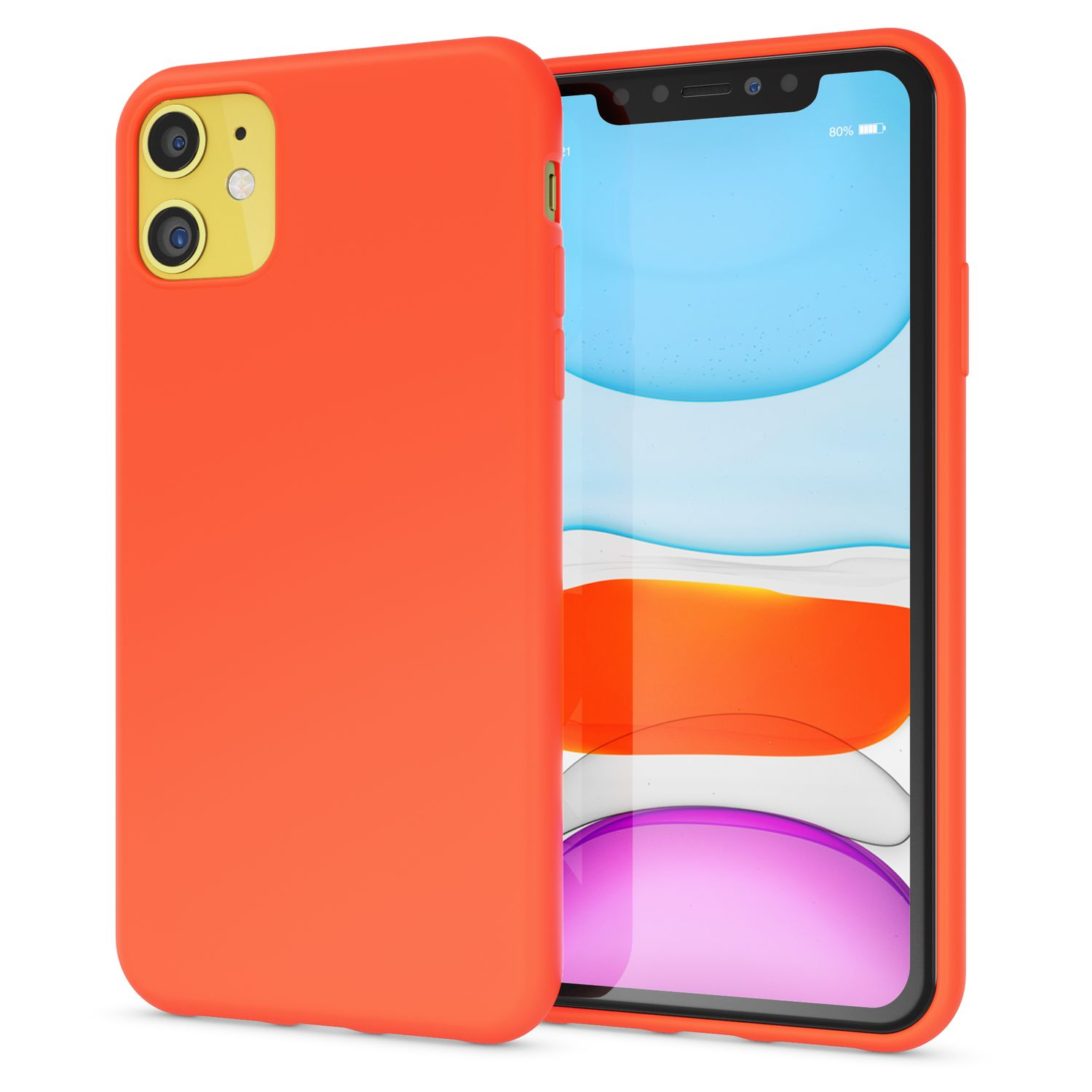 Eine orangefarbene Handyhülle auf einem Telefon. Das Telefon hat eine gelbe Kamera und einen Bildschirm.