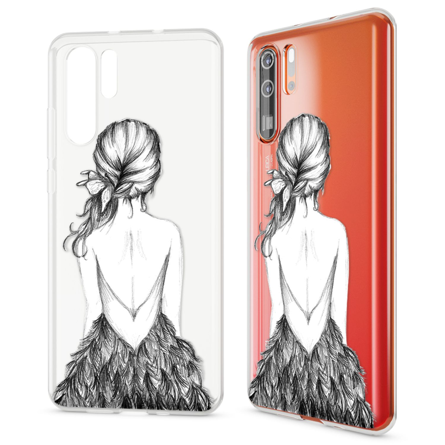 Handyhülle mit einer Skizze einer Frau und einem Telefon mit orangefarbener Rückseite.