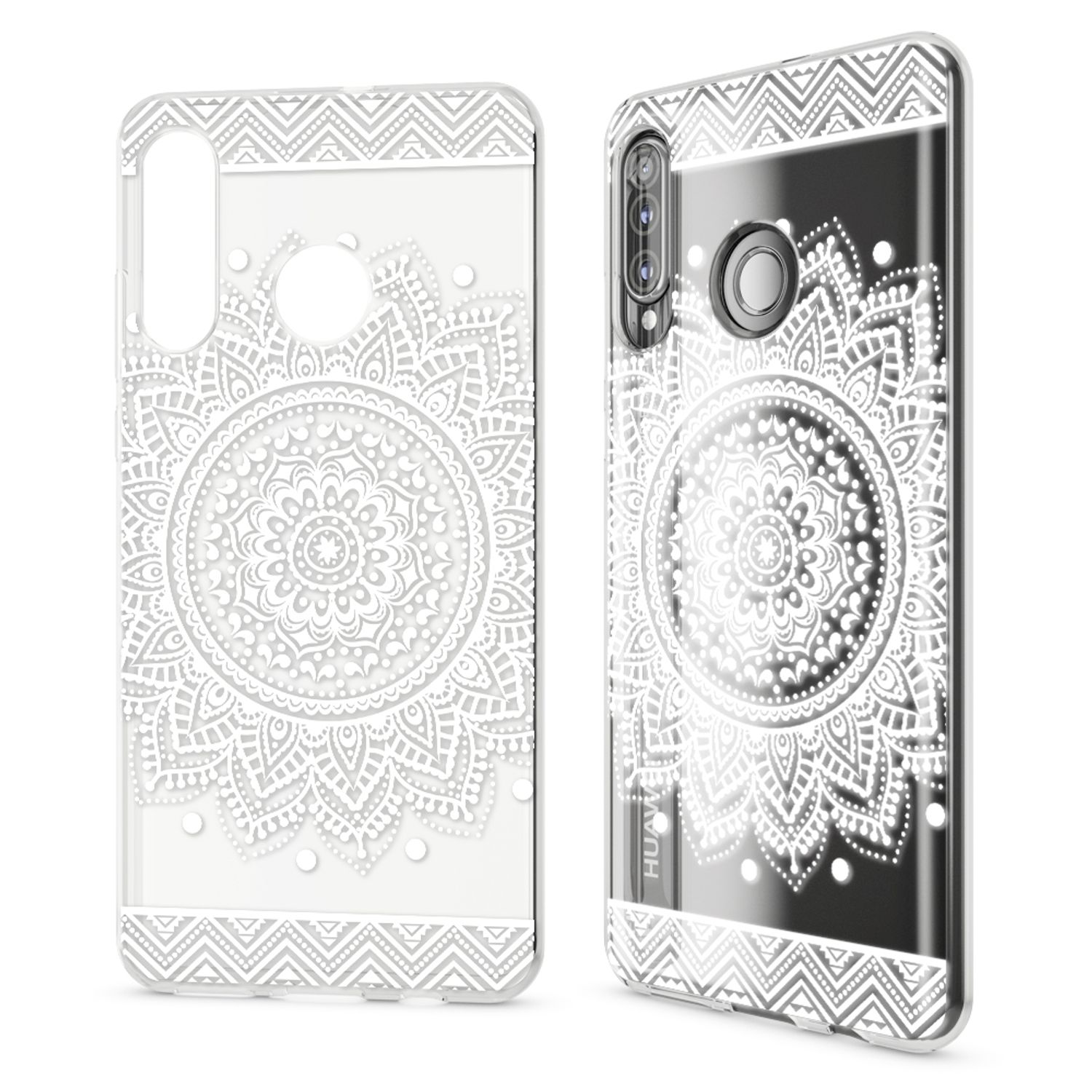 Zwei Smartphone-Hüllen mit Mandala-Design, eine auf einem Telefon, die andere leer.